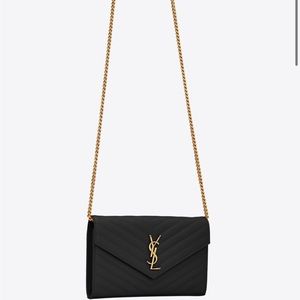YSL CASSANDRE MATELASSÉ CHAIN WALLET IN GRAIN DE POUDRE EMBOSSED LEATHER BLACK